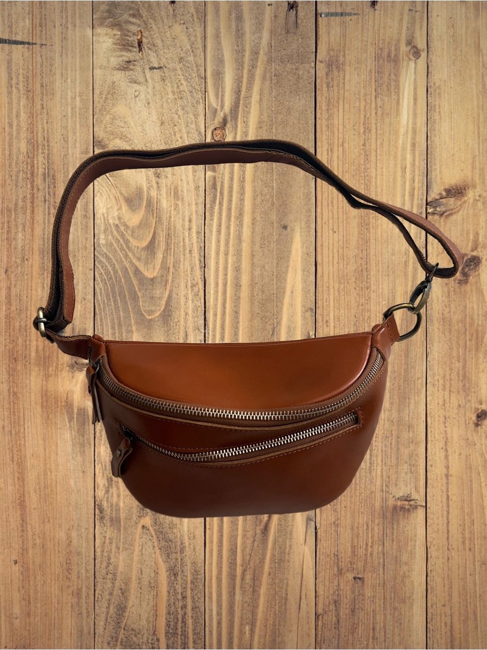 Smooth Cognac Leather Crescent Fanny Sling Bag Antique Brass